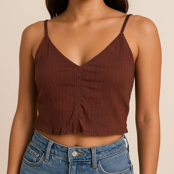 Aerie NWT Brown Ribbed Crop Tank Top w/ Built-In Bra Size Medium - Picture 1 of 5